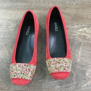 Vaneli Red Suede Multi Color Rhinestone Flats- 8N